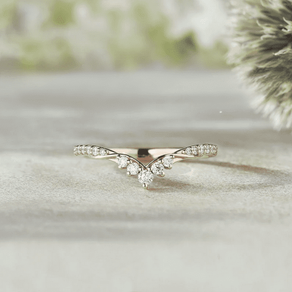 Art Deco Round Cut White Diamond Curved Wedding Band in 14k Rose Gold Vermeil - Matching Stacking Ring