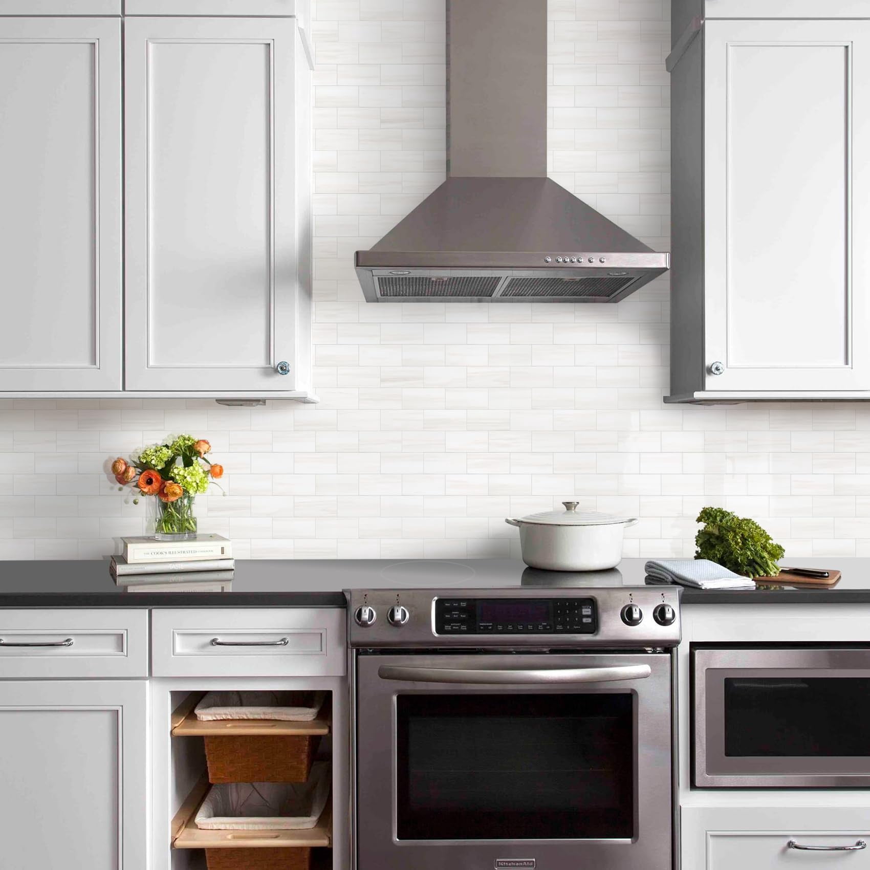 100-piece Glossy Dolomite White Peel And Stick Backsplash 3''x6'' Pvc Subway With Grout  On For Kitchen/bathroom/fireplace