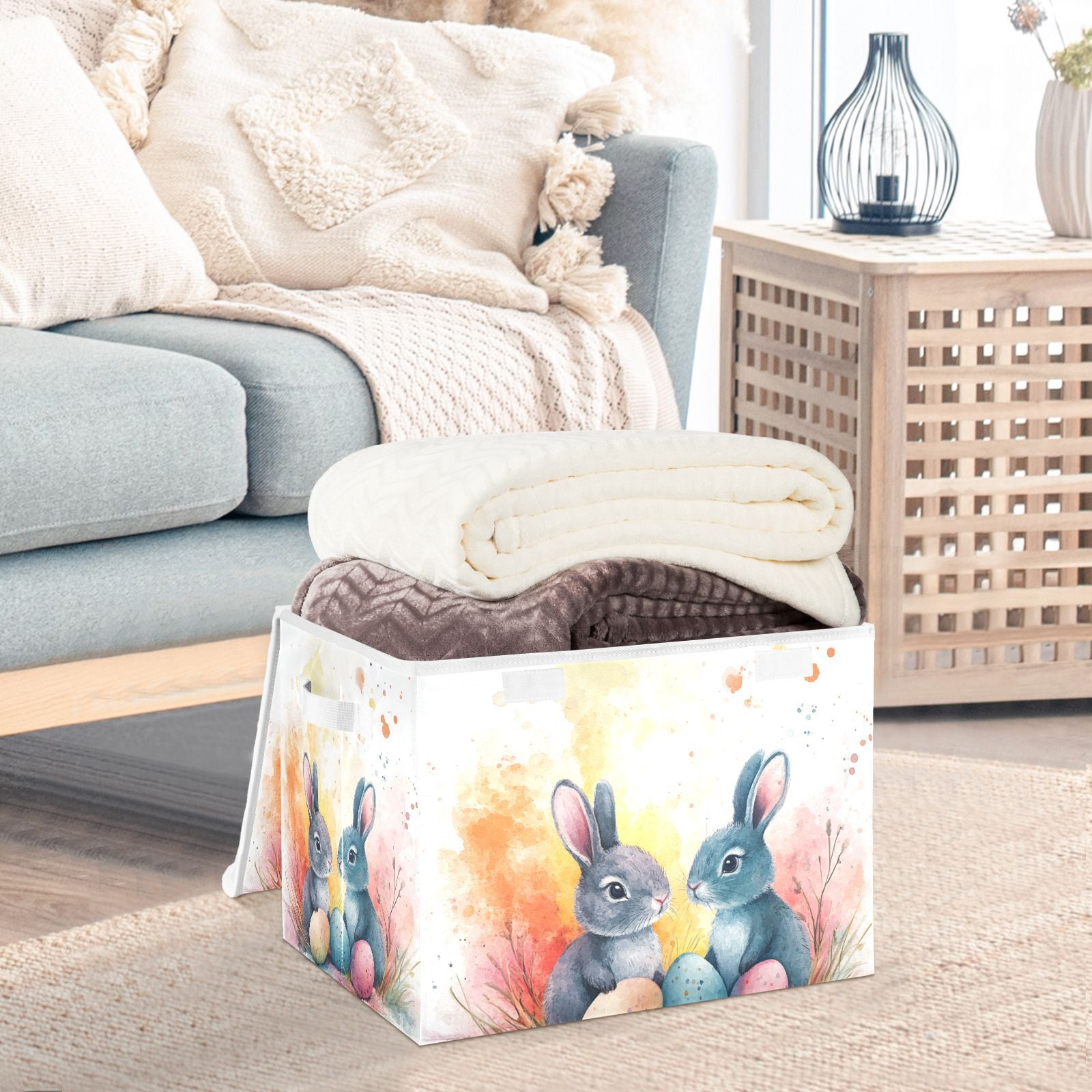 Easter Eggs Bunnies Leaves Storage Basket for Shelves Foldable Container Organizer for Organizing Toys Clothes Books with Handles