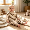 thumbnail image 4 of CAICJ98 Baby Boy Fall Clothes Stripe Romper Long Sleeve Collared Button Down Jumpsuit Newborn Winter Outfit (Beige,0-3 Months), 4 of 4