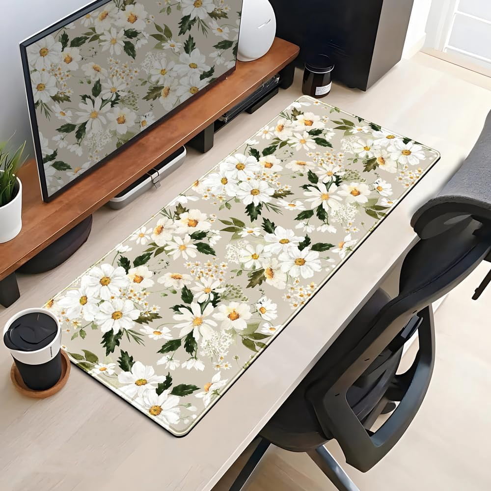 Daisy Floral Daisies Large Mouse Pad Watercolor Flowers Desk Mat, Washable Mousepad LYC Cloth Stitched Edges Women Girls Gaming Mousepad Computer Pc Laptop Desk Mat 31.5 X 11.8 in