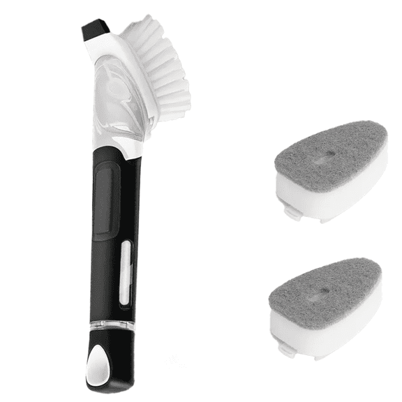 Soap Dispensing Dish Scrub Brush, Kitchen Brush for Pot Pan Sink Cleaning, Reusable Kitchen Cleaning Brush with 2 Replaceable Sponge Heads