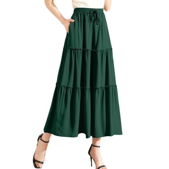 KONDYS Women's Summer Layered Skirt With Wooden Trim High Waist Elastic Lace Skirt With Ruffled Edge Cozy Casual Women's Skirt