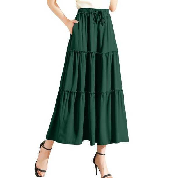 Falda con volantes en capas de verano para mujer: cintura alta, encaje elástico, adorno de madera en las orejas, poliéster y spandex, largo hasta la rodilla, tallas S-XXL