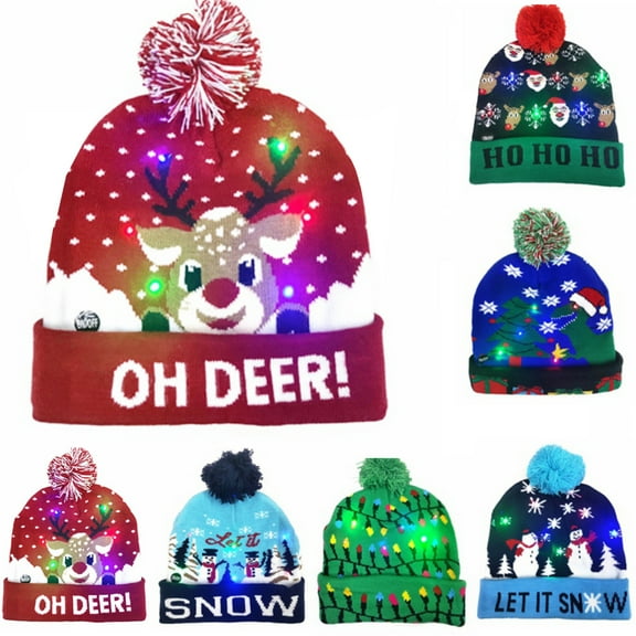 Unisex LED Light Up Christmas Hat Warm Knitted Beanie Holiday Xmas Hat for Women Men Kids Party