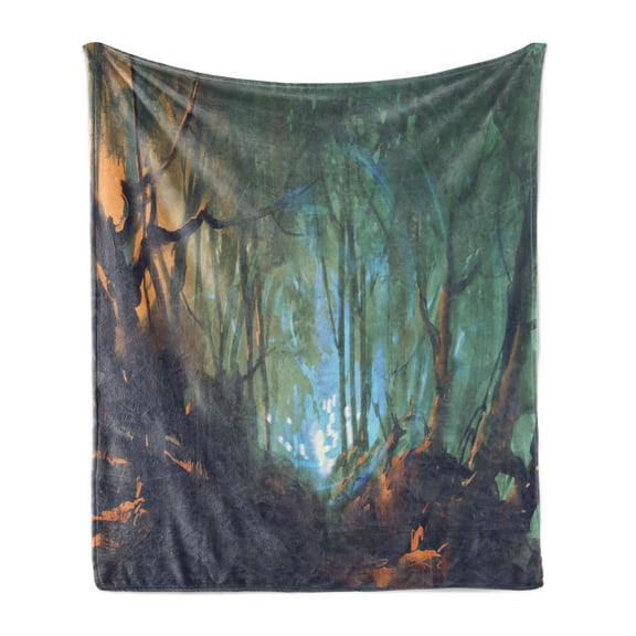 Occult Soft Flannel Fleece Throw Blanket, Whimsical Forest Reflection in Lake Deep Dark Surreal Illustration, Cozy Plush for Indoor and Outdoor Use, 50" x 70", Brown Teal, by Ambesonne
