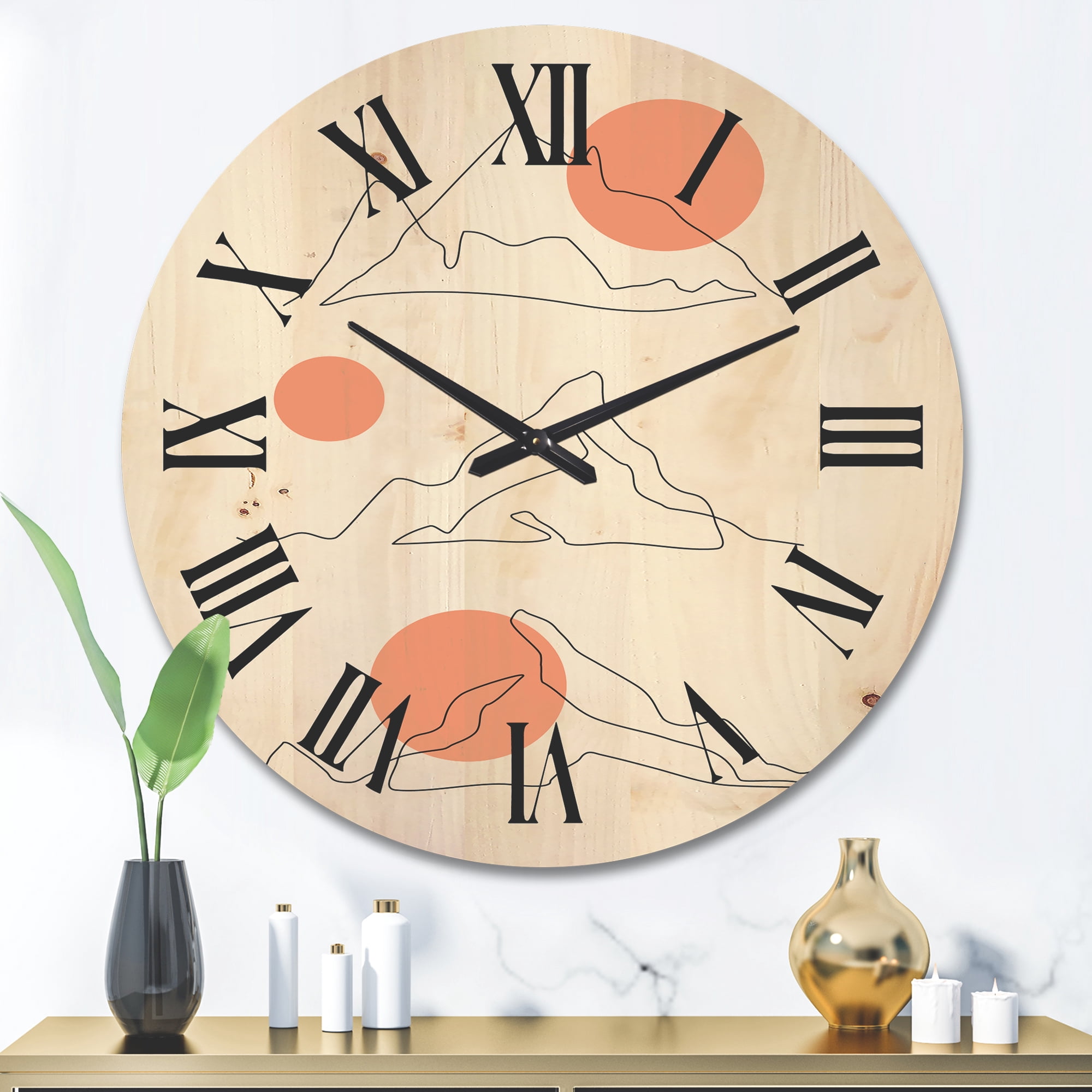 Designart 'Abstract Red Moons With Mountain Range' Modern Wood Wall Clock