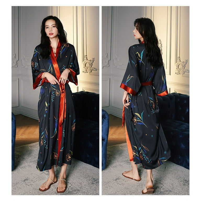 Silk Blend Kimono Robe Boheme, Gold Plus Size Dressing Gown Woman