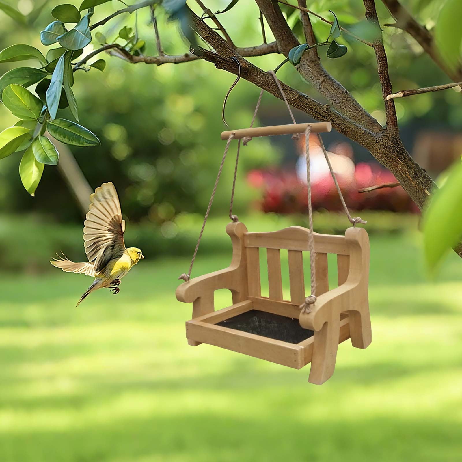 Wooden Swing Chair Bird Feeder, No Mess Bird Feeder, Swing Wild Bird Feeder Stand for Outside, Bird Cage Feeder, Whimsical Hanging Feeding Station for Garden Attracting Wild Birds 1Pcs