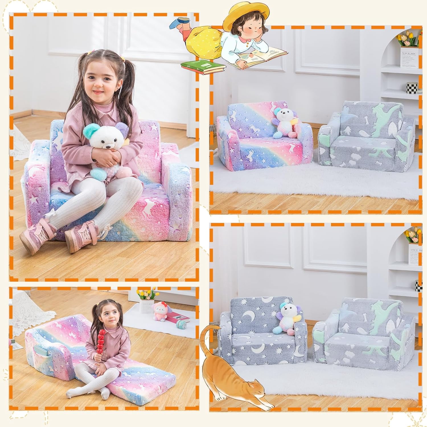Toddler Baby Chair Couch Sofa for Kids Foldable 2-in-1 Fold Out Couch Bed Toddler Chairs Comfy for Boys & Girls Convertible Kids Furniture lounge chairs for Playroom with Double Pockets, Glowing Pink