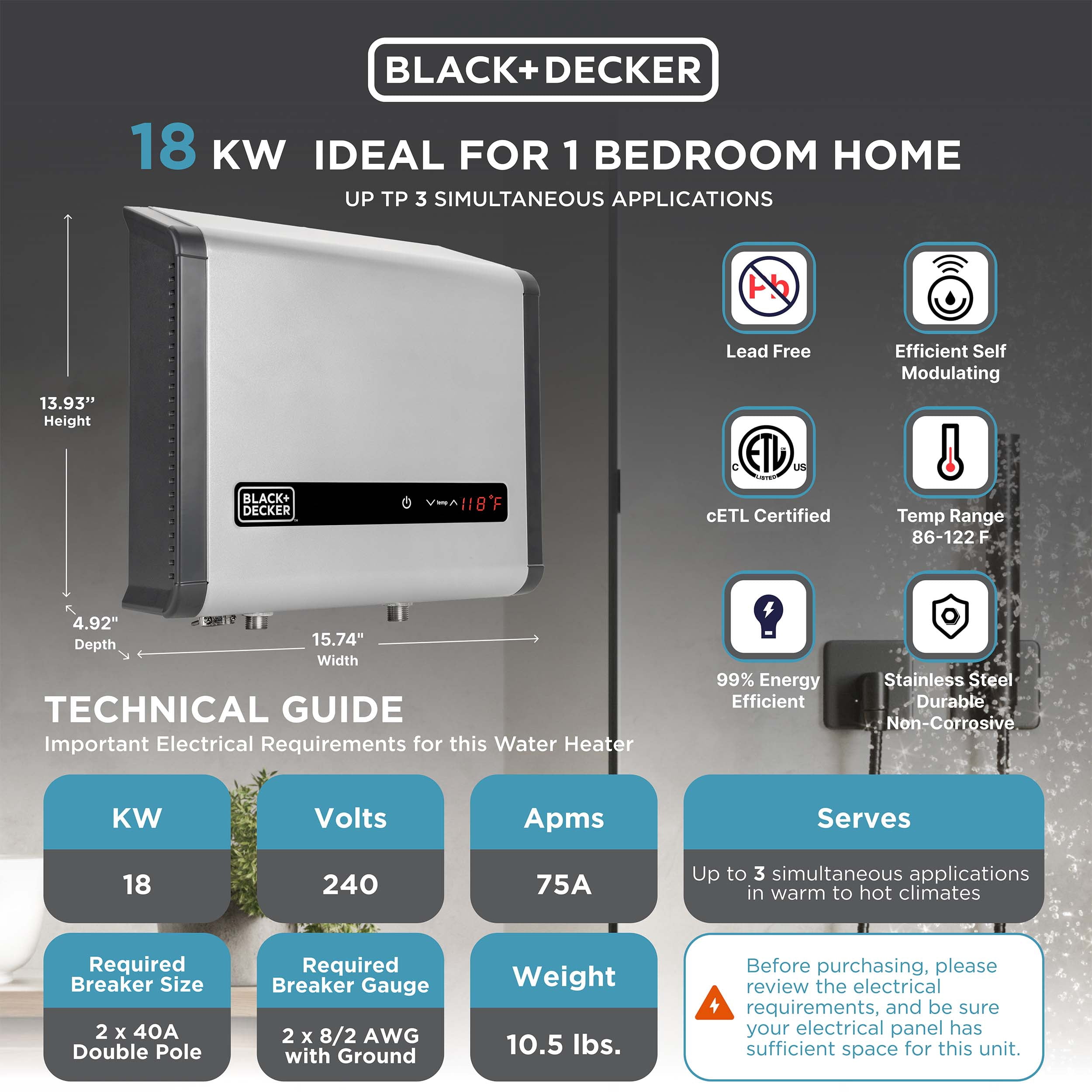 BLACK+DECKER Black and Decker 18 kW 3.7 GPM Electric Tankless Water Heater, Digital Self Modulating Hot Water Heater Electric Sansujyuku sansujyuku.com