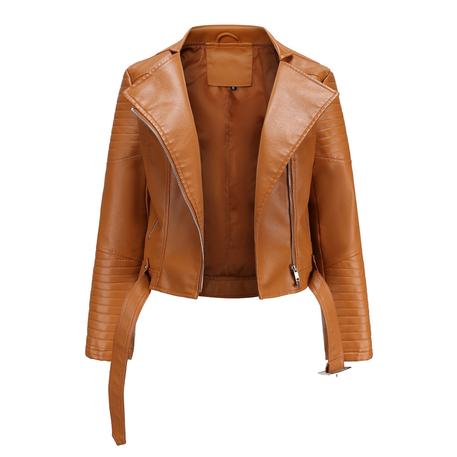 IROINNID Women's Short Faux Leather Jacket Notch Lapel Solid Color Long Sleeve Loose Warm Jacket Slim Winter Hoodless Coats, Khaki