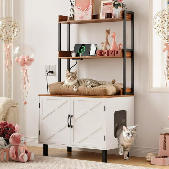 55 Inches Cat Litter Box Enclosure, Hidden Litter Box Furniture with 2 Storage Shelves and Charging Sockets, Wooden Cat House, Large Indoor Cabinet for Livingroom & Entryway, White