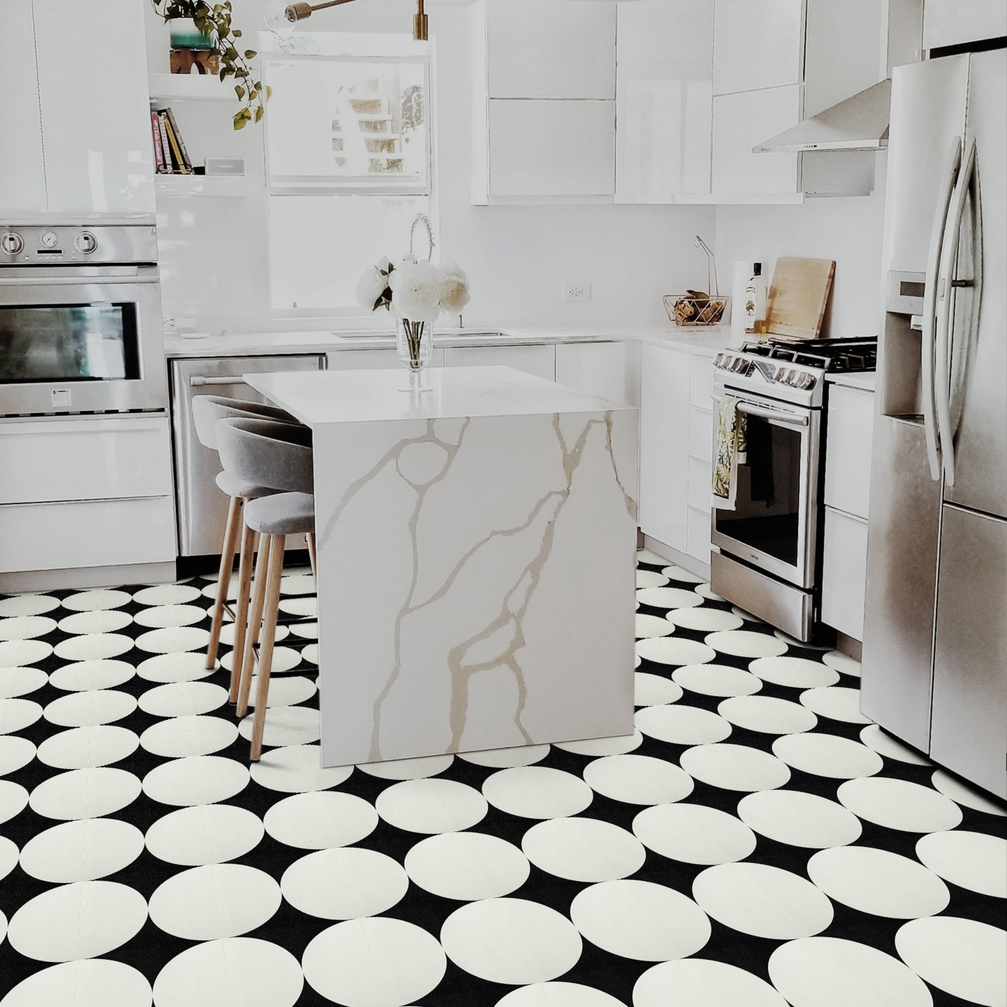 (4 pack) Abyssaly Peel and Stick Floor Tile 10Pcs 12" x 12" Black and White Vinyl Flooring Peel and Stick Flooring for Bathroom Kitchen