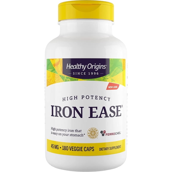 Healthy Origins Iron Ease 45 mg (Featuring Albion Ferrochel, Non-GMO, High Potency, Ferrous Bisglycinate Chelate), 180 Veggie Caps