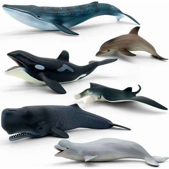 Ocean Wonders 6-Piece Whale & Marine Life Set - Blue Whale, Beluga, Sperm Whale, Killer Whale, Manta Ray, Dolphin - Educational Bath & Play Toy