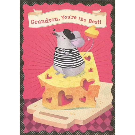 Designer Greetings Mouse Wearing Black and White Shirt and Beret on Block of Cheese with Heart Shaped Holes Juvenile Valentine's Day Card for Grandson with Puzzle Maze