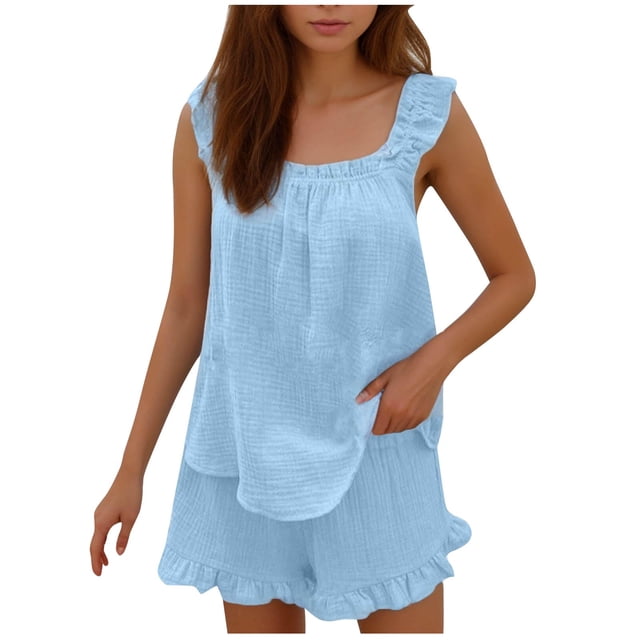 AherBiu Womens Pajama Sets 2 Piece Ruffle Sleeve Camisoles Homewear Loose Wide Leg Shorts Sleepwear Set