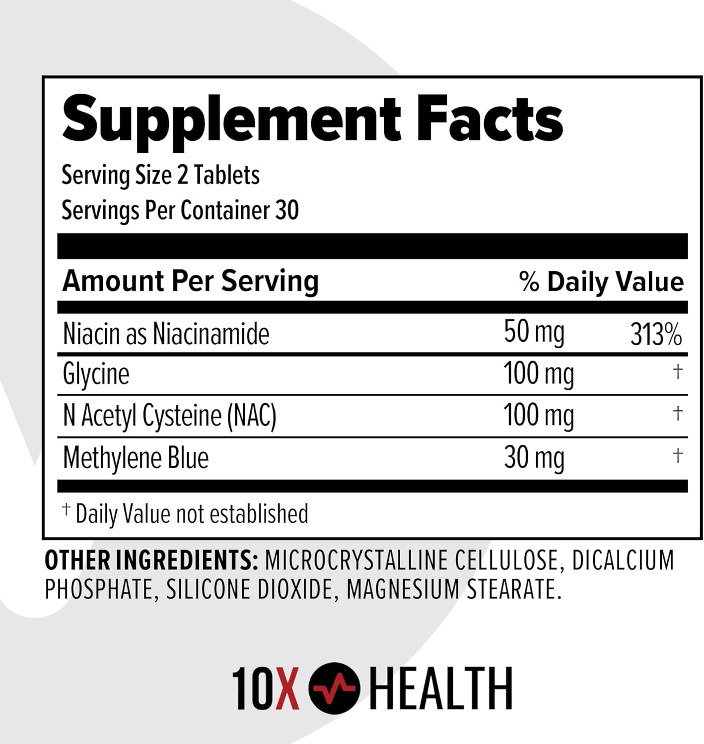 10X Health Pharmaceutical Grade Methylene Blue Tablets with Glycine, NAC, & Niacinamide, 60 Tablets
