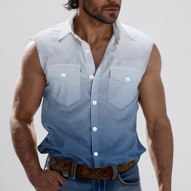 Camiseta sin mangas con cuello vuelto para hombre, estilo informal, a la moda, con estampado degradado, cuello vuelto, sin mangas, bolsillos, deportiva, de poliéster