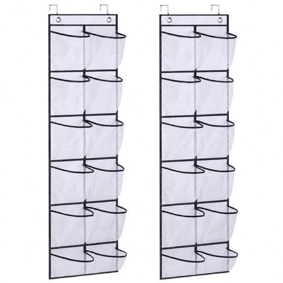 Over The Door Shoe Organizer, 12 Large Clear Mesh Pockets Narrow Closet Door, White, 2 Pack