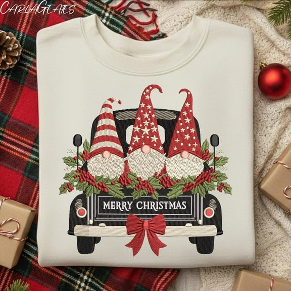 Christmas Gnomes Truck Embroidery Sweatshirt, Vintage Farmhouse Holiday Embroidery Shirt, Festive Gnome Embroidery Shirt, Cozy Winter Gift