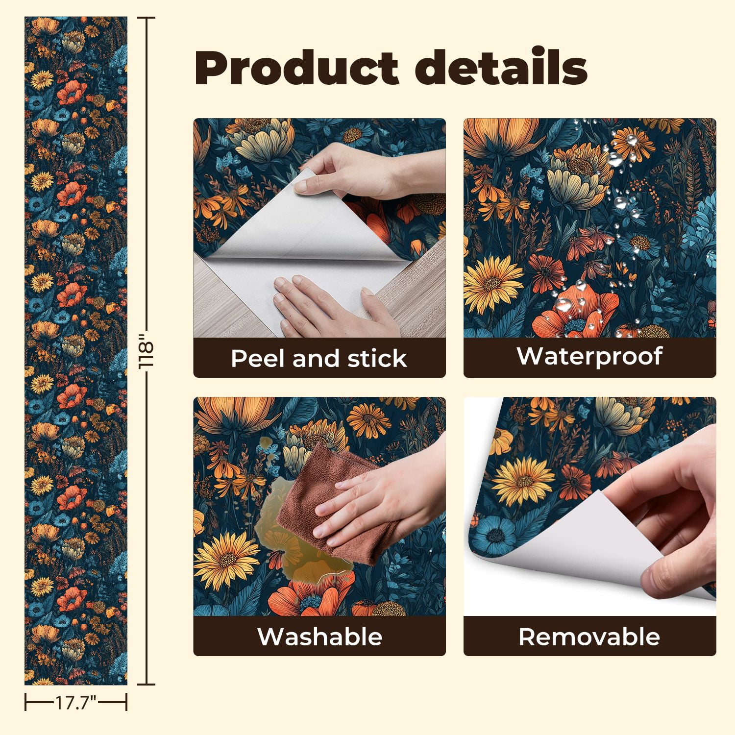Vintage Peel and Stick Wallpaper 17.7in x 9.8ft Vintage Floral Sunflowers Blue Flowers Dark Contact Paper Vinyl Self-Adhesive Removable Wall Paper for Bedroom Kitchen Cabinet Renter Friendly