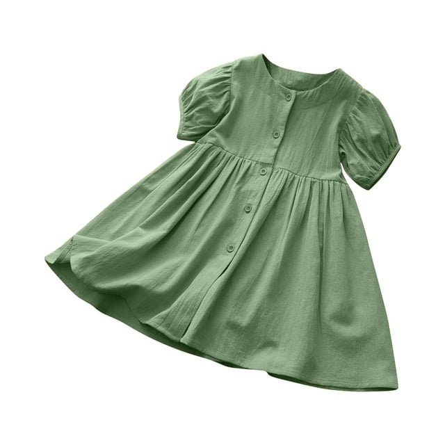 Odeerbi 3-8 Años Niñas Verano Algodón Camisa Vestido Casual Color Sólido Manga Puff Cuello Redondo Botón Abajo Vestido de Línea A