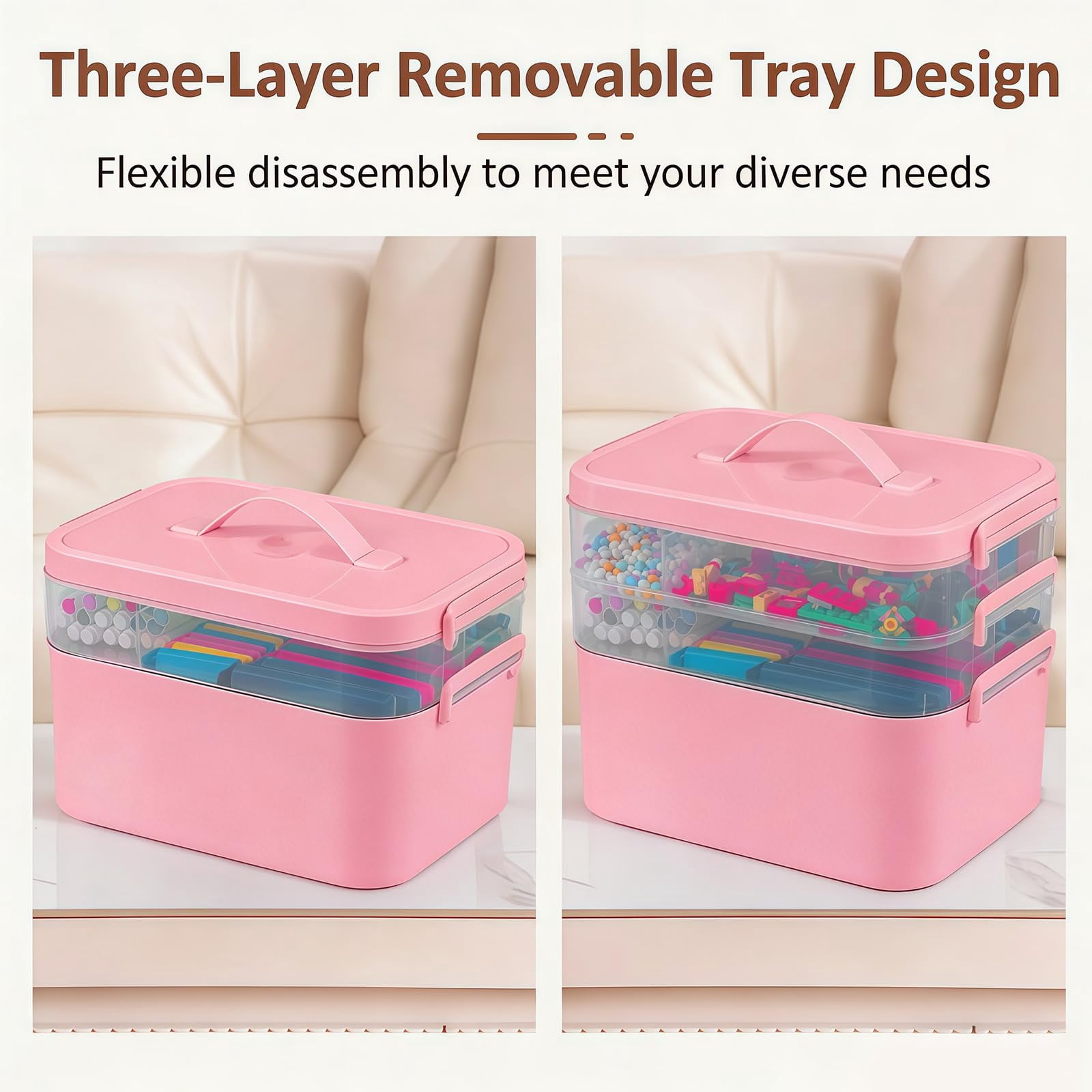 4-layer Plastic Craft Organizers And Storage Box With Removable Trays  Containers Lids Handle Art Supply Organizer For Organizing Bead Sewing Tool(pink)