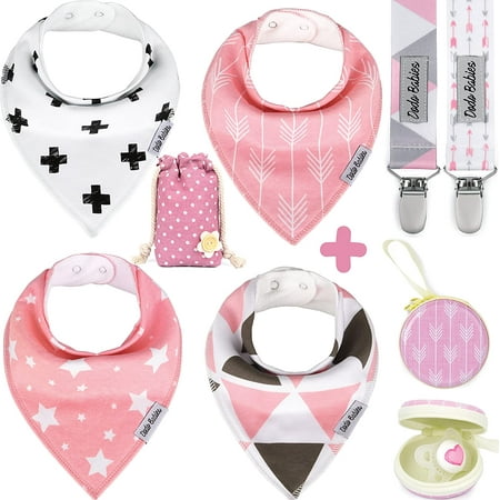 

Baby Bandana Drool Bibs by Dodo Babies For Girls + 2 Pacifier Clips + Pacifier Case in a Gift Bag Pack of 4 Excellent Baby Shower / Registry Gift