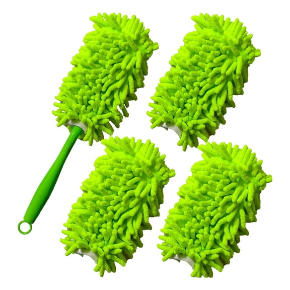 4 Count Chenille Dust Duster Refills With Handle, Microfiber Duster For Cleaning Furniture, Blinds, Ceiling Fans, Foldable & Detachable, Reusable & Washable For Home Household Use