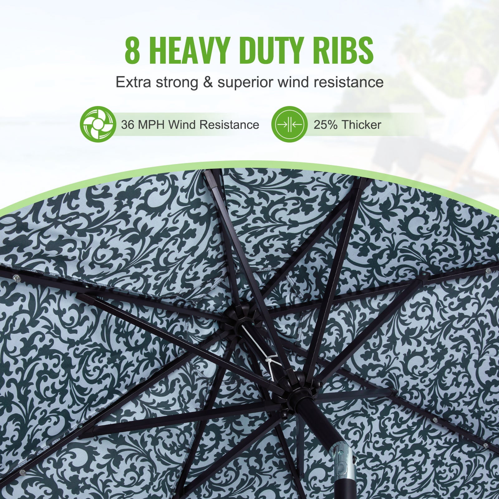 Backyard Expressions 9ft Solar Patio Umbrella with 32 LED Lights – Outdoor Market Umbrella with Tilt & Crank, Solar-Powered Lighting, Water-Resistant Fabric for Patio, Deck, Garden, Pool
