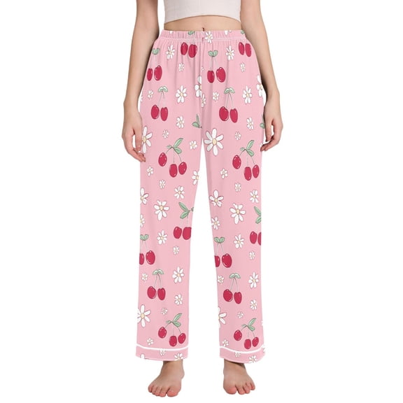 FORMRS Women's Pajama Pants with Pockets Soft Comfy Loungewear Sleep Bottom, Sizes S-2XL, Pink Cute Cherry Pattern