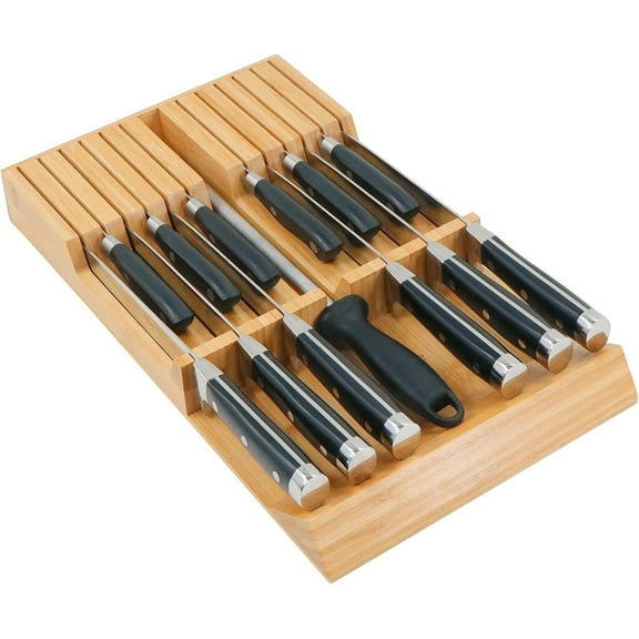 Utoplike in-Drawer Knife Block Bamboo Kitchen Knife Drawer Organizer, Large Handle Steak Knife Holder Without Knives, Fit for 12 Knives and 1 Sharpening Steel (Not Included)