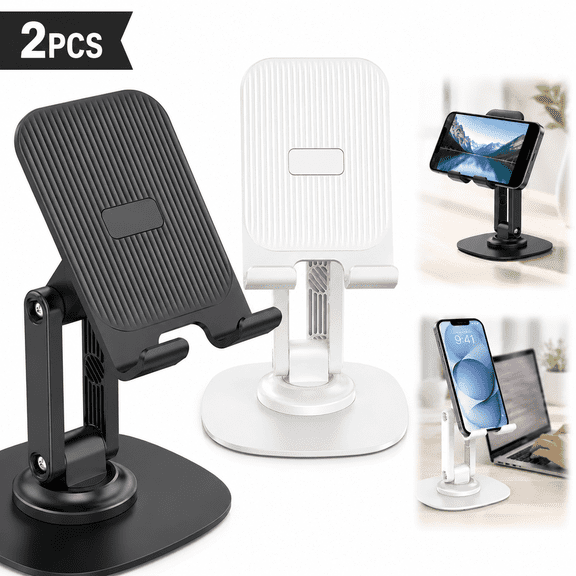 Ustris 2 Pack Adjustable Foldable Phone Holder, Cell Phone Stand for Desk, 360 Swivel Mobile Stand Fit for iPhone 17 16 15 14 13 Pro Max and All Smart Phones, Black & White
