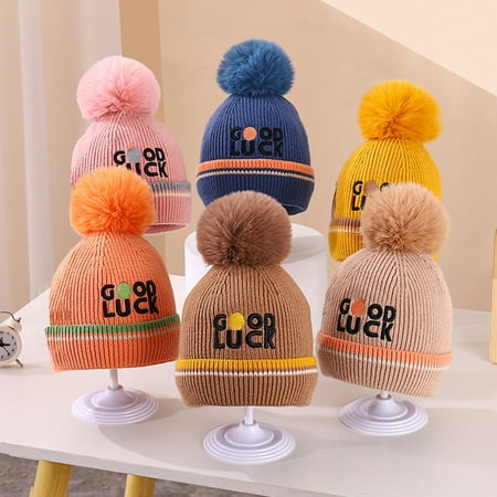 

harmtty Baby Autumn Hat Thicken Good Heat Retention Knitted No Constraint Soft Keep Warm Elastic Plush Ball Baby Winter Bonnet for Daily Wear Yellow