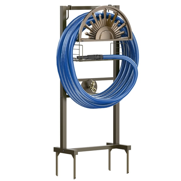Outlandpro Bronze 150Ft Garden Hose Holder, Freestanding, Sturdy Metal with Storage Basket