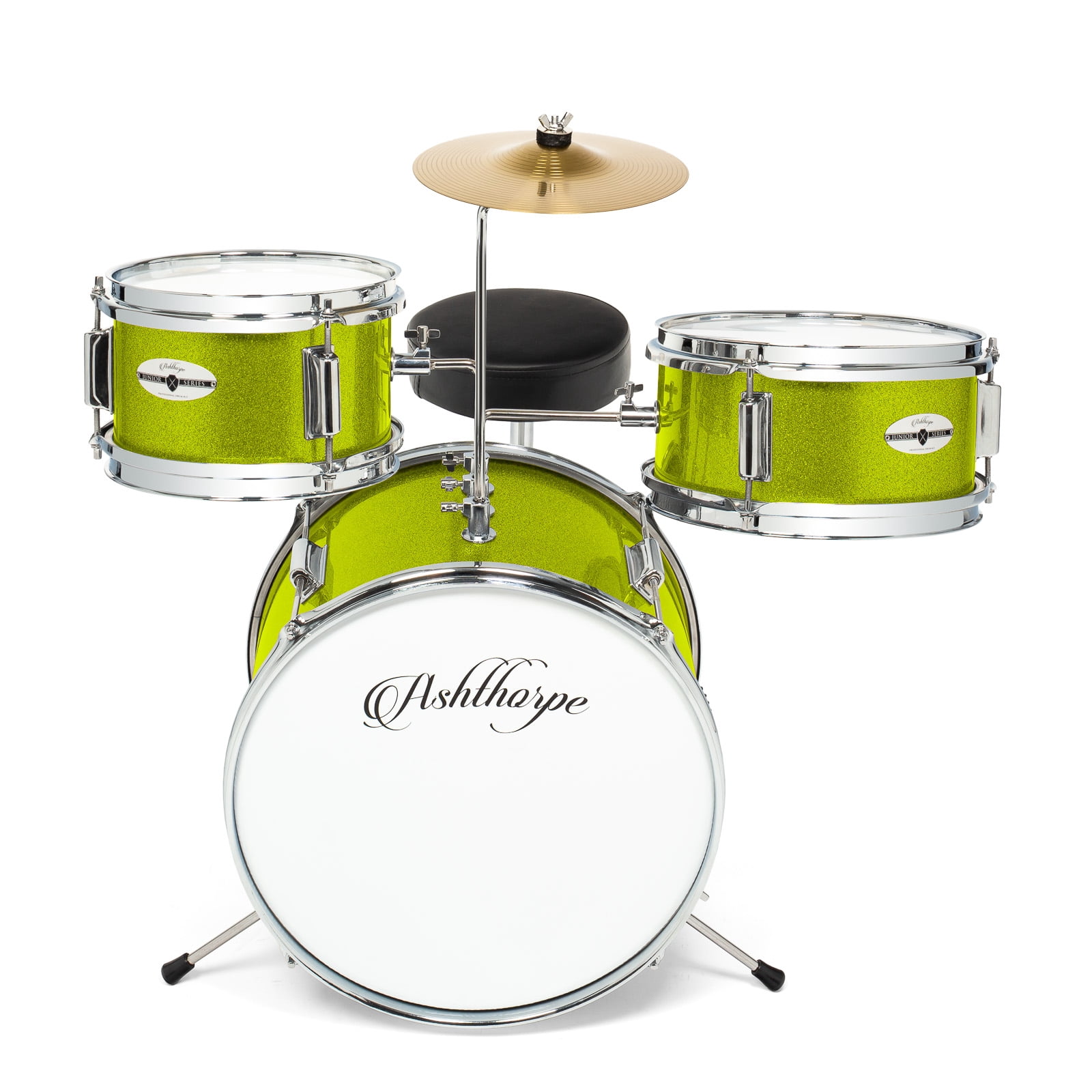 Ashthorpe 3-Piece Complete Junior Drum Set - Beginner Kit with Drummer's Throne - Green