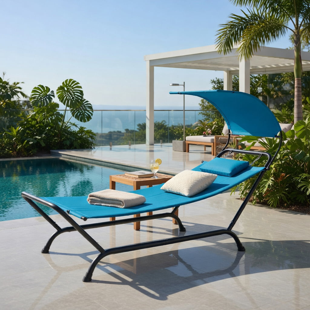 Hommoo Patio Hanging Chaise Lounge Chair with Sun-Proof Canopy, Thick Cushion & Pillow, Rust-Resistant Metal Frame, Outdoor Swing Chair for Deck, Balcony, Poolside, Navy