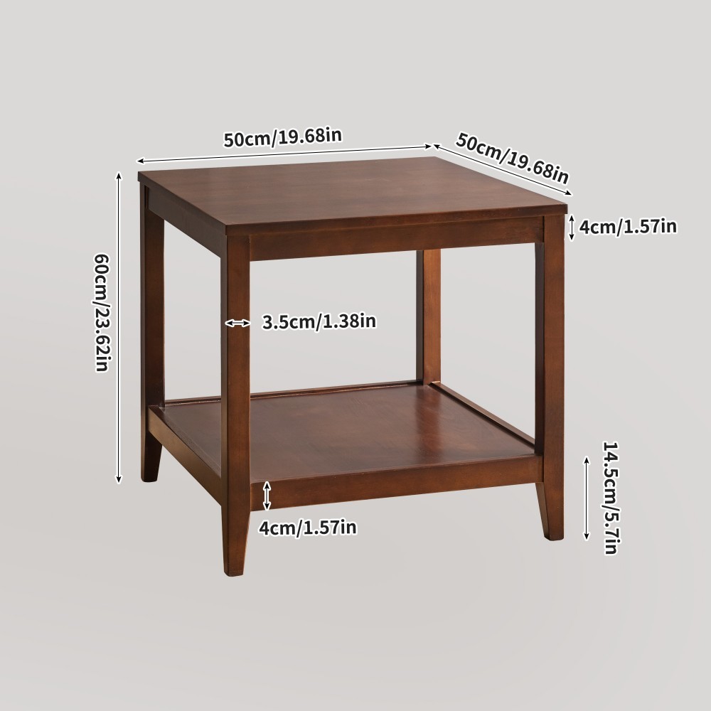 20" Walnut Solid Wood End Table, 2-Tier Square Side Table with Storage Shelf, Wooden Nightstand, Small Coffee Table for Living Room, Bedroom, Office