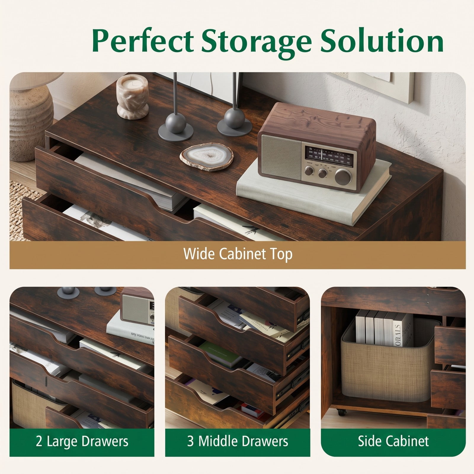 Furnibear Modern Vertical 5-Drawer Mobile Chest with Door, Rolling Storage Cabinet Dresser with 5 Lockable Swivel Casters, Wood File Cabinet Organizer for Home, Brown