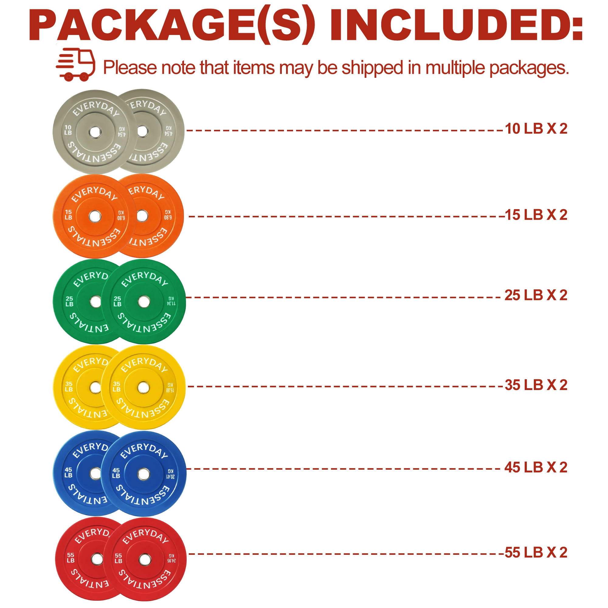 FlexWave Bumper Weight Plates Set, 370 lb Total, Colored, Olympic 2-Inch Hole