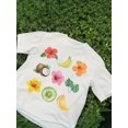 thumbnail image 1 of Girls' Summer Casual Knit Top - Vibrant Floral & Fruit Print, Soft Pink Round Neck Short Sleeve Shirt with Coconut, Bananas, Oranges & Hibiscus Design, Lightweight Polyester Blend for Casual Attire,, 1 of 5