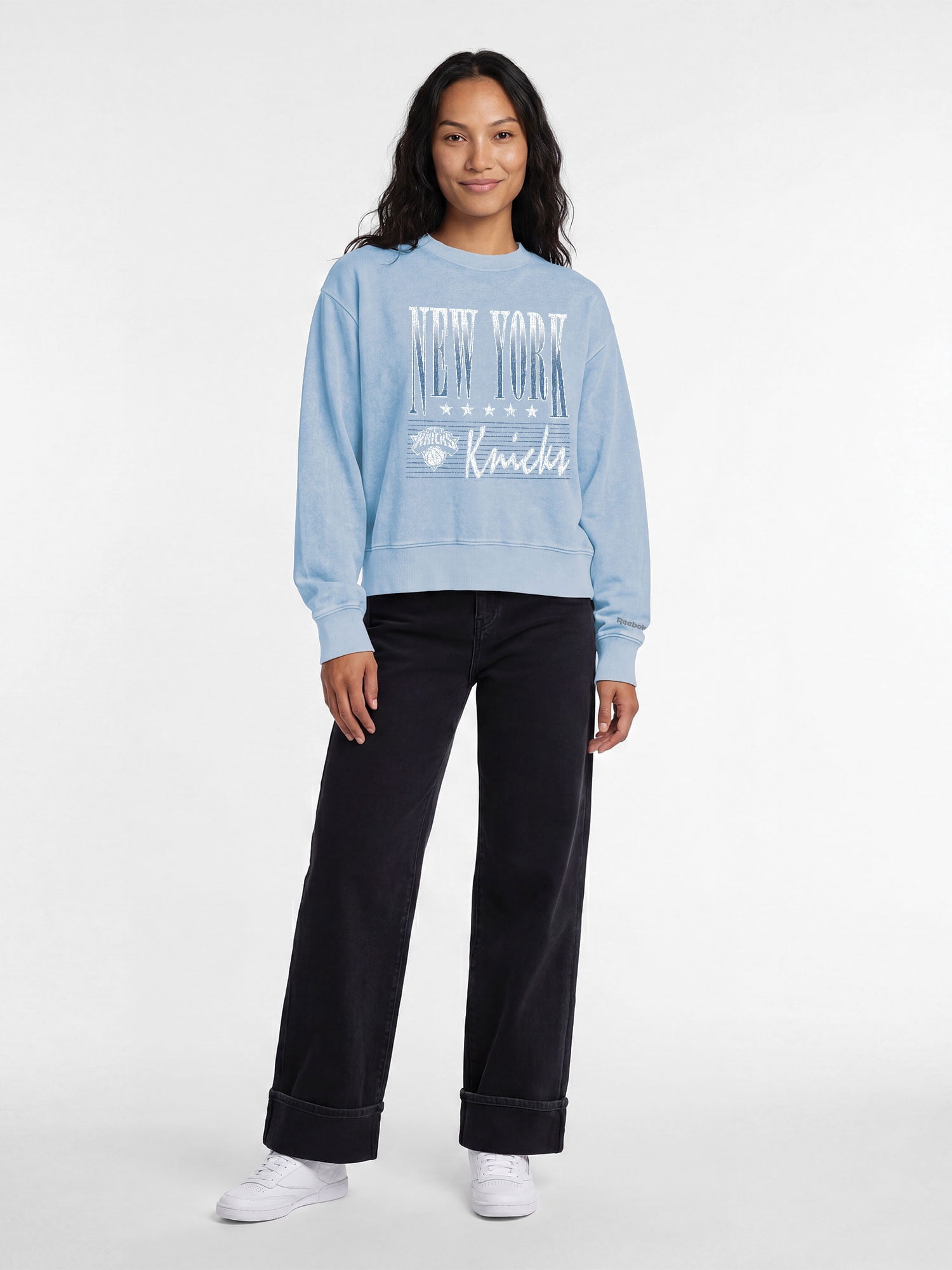 New York Knicks Reebok Womens Denim Wash Mock Neck Sweatshirt