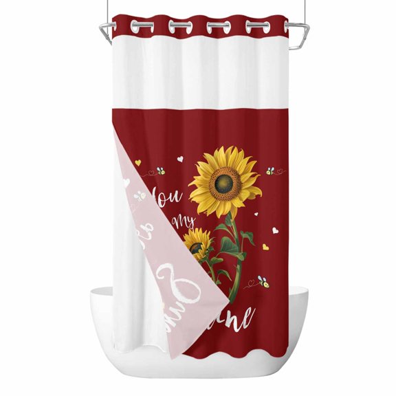 Red Sunshine Sunflower No Hook Shower Curtain Waterproof,Bathroom Curtains with Snap in Liners and See Through Top Window,Pastoral Bees Farmhouse Floral Hotel Style Bathtub Curtains Shower 54"Wx78"L
