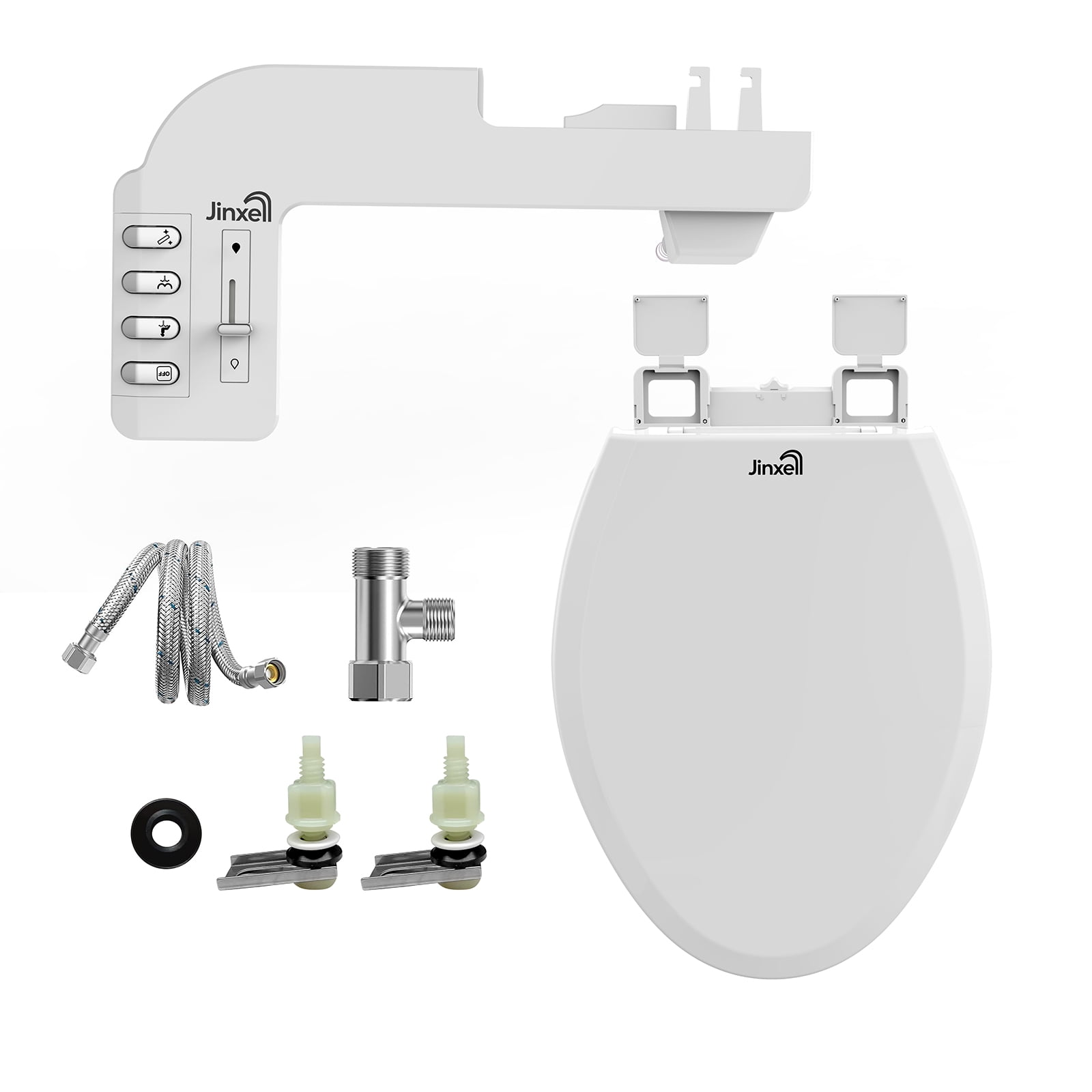 Jinxell Toilet Seat with Bidet- Non-Electric, Self-Cleaning Dual Nozzles for Frontal & Rear Wash, Adjustable Water Pressure, Slow-Close Lid,in Easy Install, Advanced 360° Self-Clean- Elongated Seat