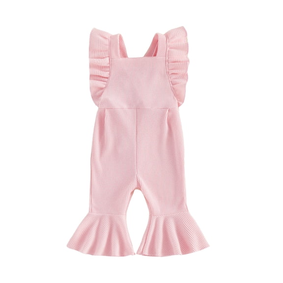 BemeyourBBs Toddler Baby Girl Summer Clothes Infant Baby Girls Waffled Romper Overalls One Piece Outfit Ruffled Flying Sleeve Backless Solid Color Flared Pants Jumpsuit 6 12 18 24 Months 2 3 4 Years