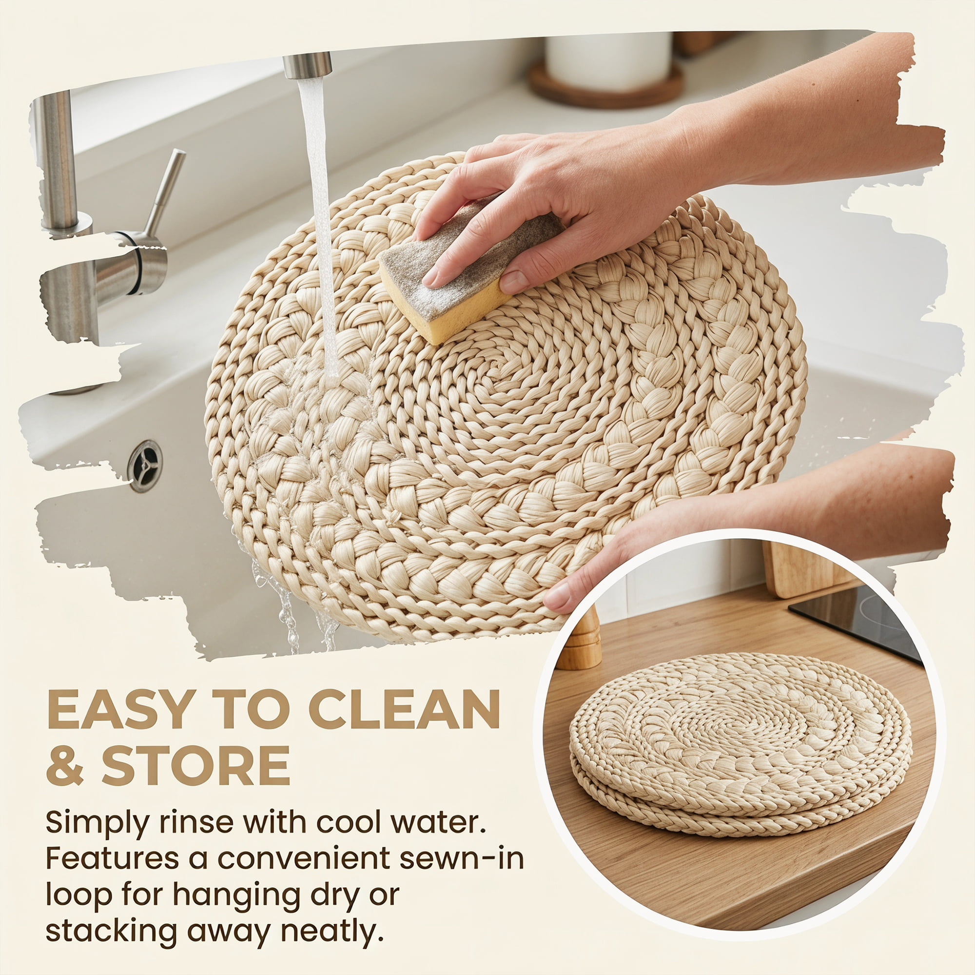 Unique Bargains 4Pcs Round Woven Dining Table Decor Placemats Beige 13.8x13.8in
