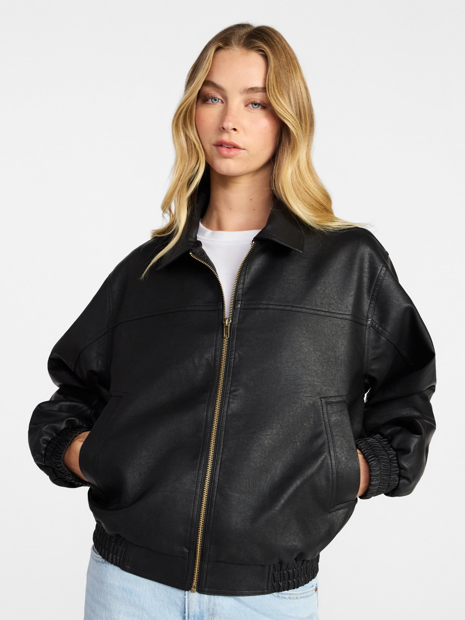 No Boundaries Relaxed Fit Faux Leather Jacket, Women's XXS-XXL