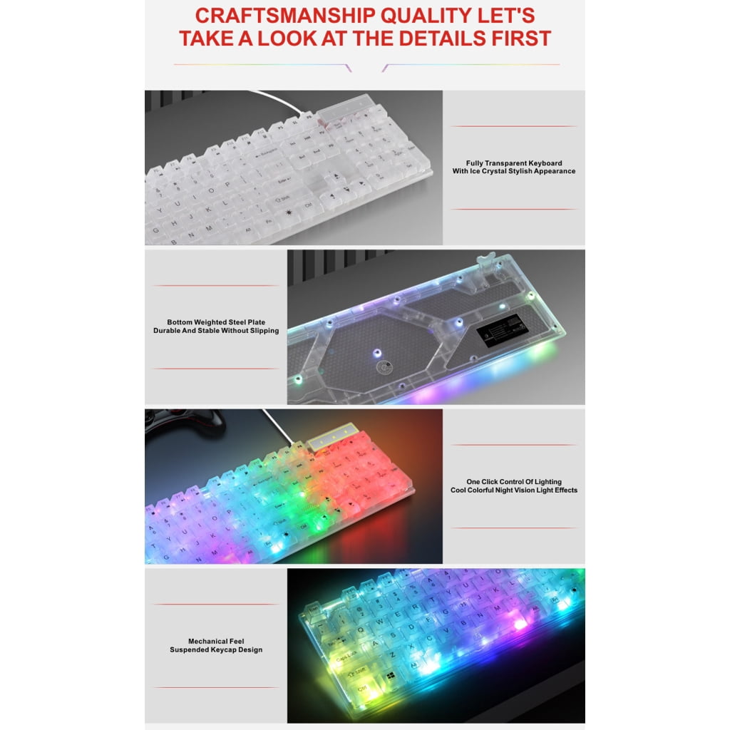 USB Cord 104Key RGBs Backlit Gaming Keyboards Adjustable Lighting Floating Keycaps Water Resistant Dust Proof